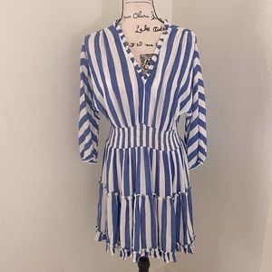 Sundays Blue/White Striped 3/4 Sleeve Ruched Waist Dress